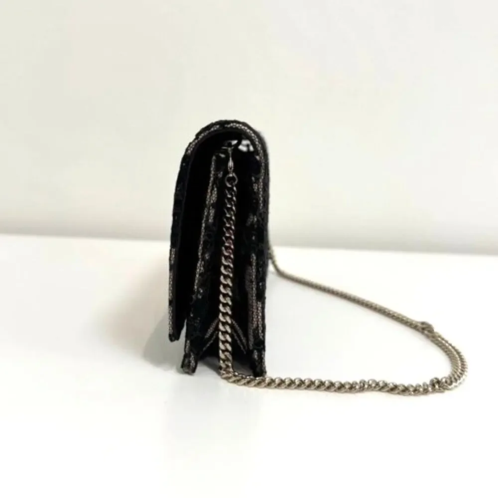 JIMMY CHOO Lilia Black Lace Gold Chain Shoulder Clutch Floral Flap Handbag